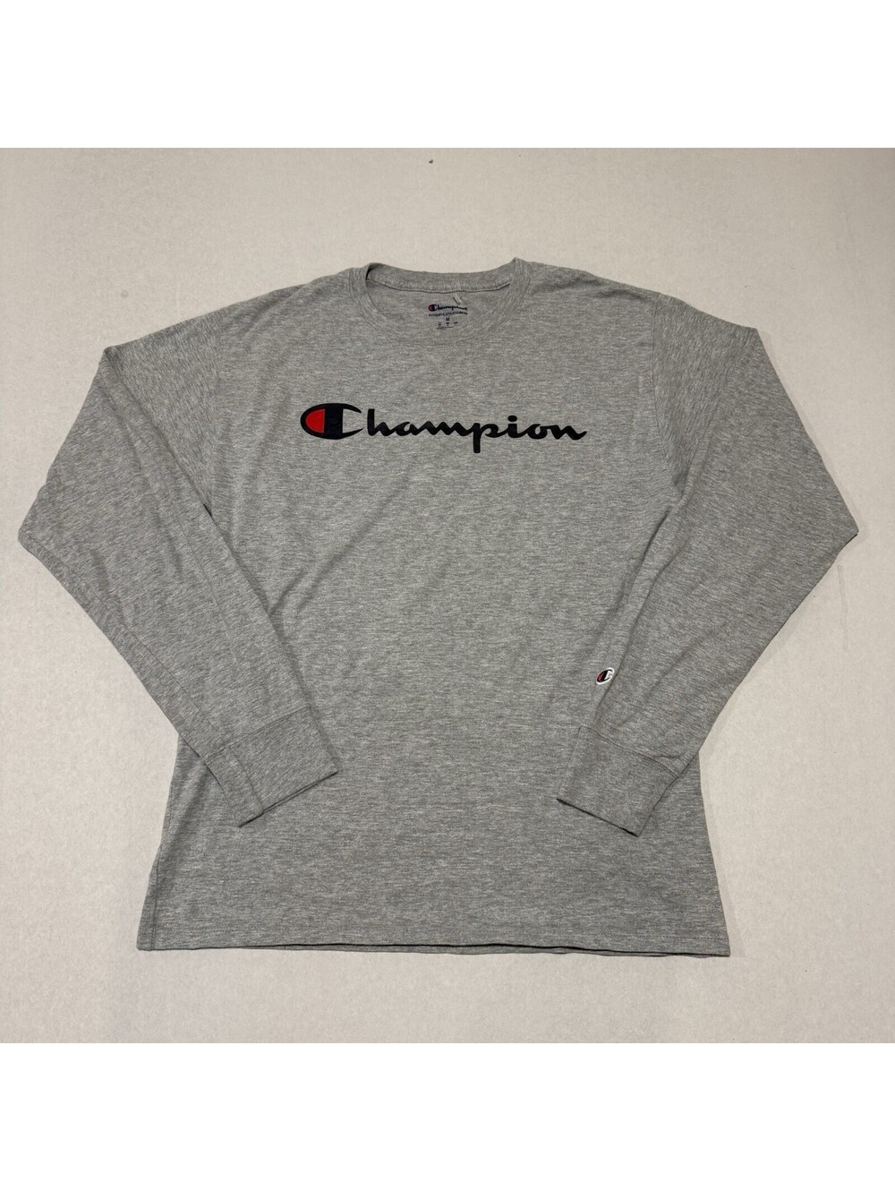 Champion Long Sleeve Shirt Medium Grey Script Spellout Graphic Logo Tee Men’s